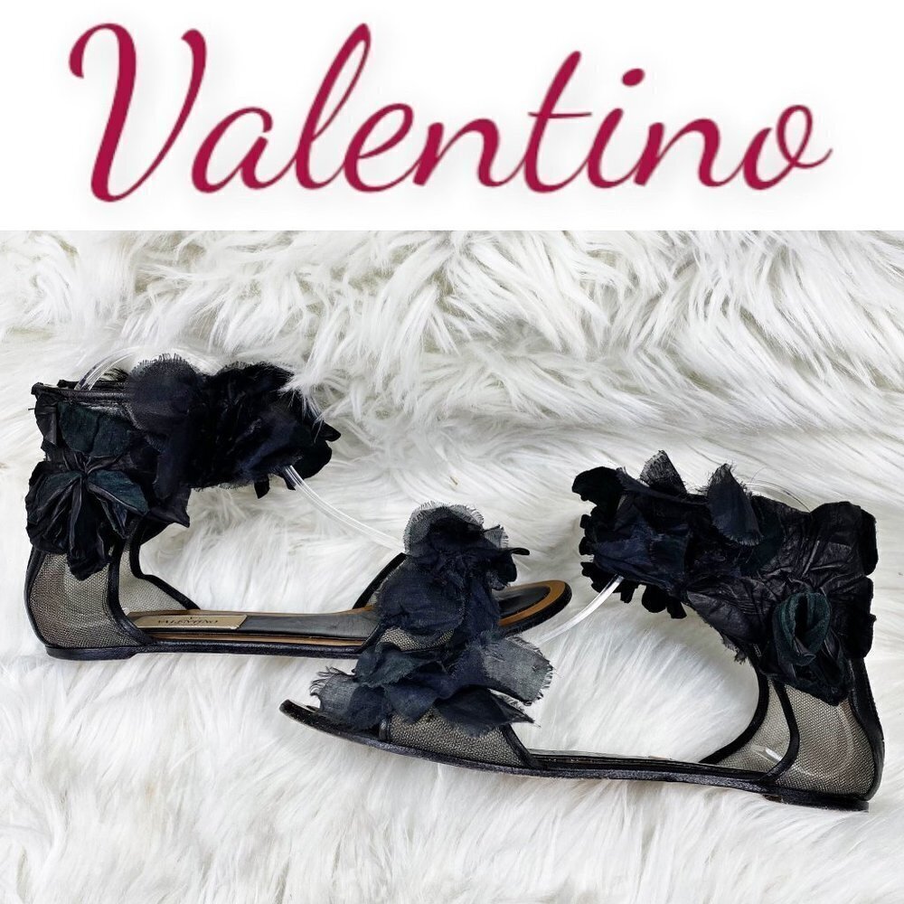 VALENTINO Leather Mesh‎ & Chiffon Embellished Flat Sandals, Size 38